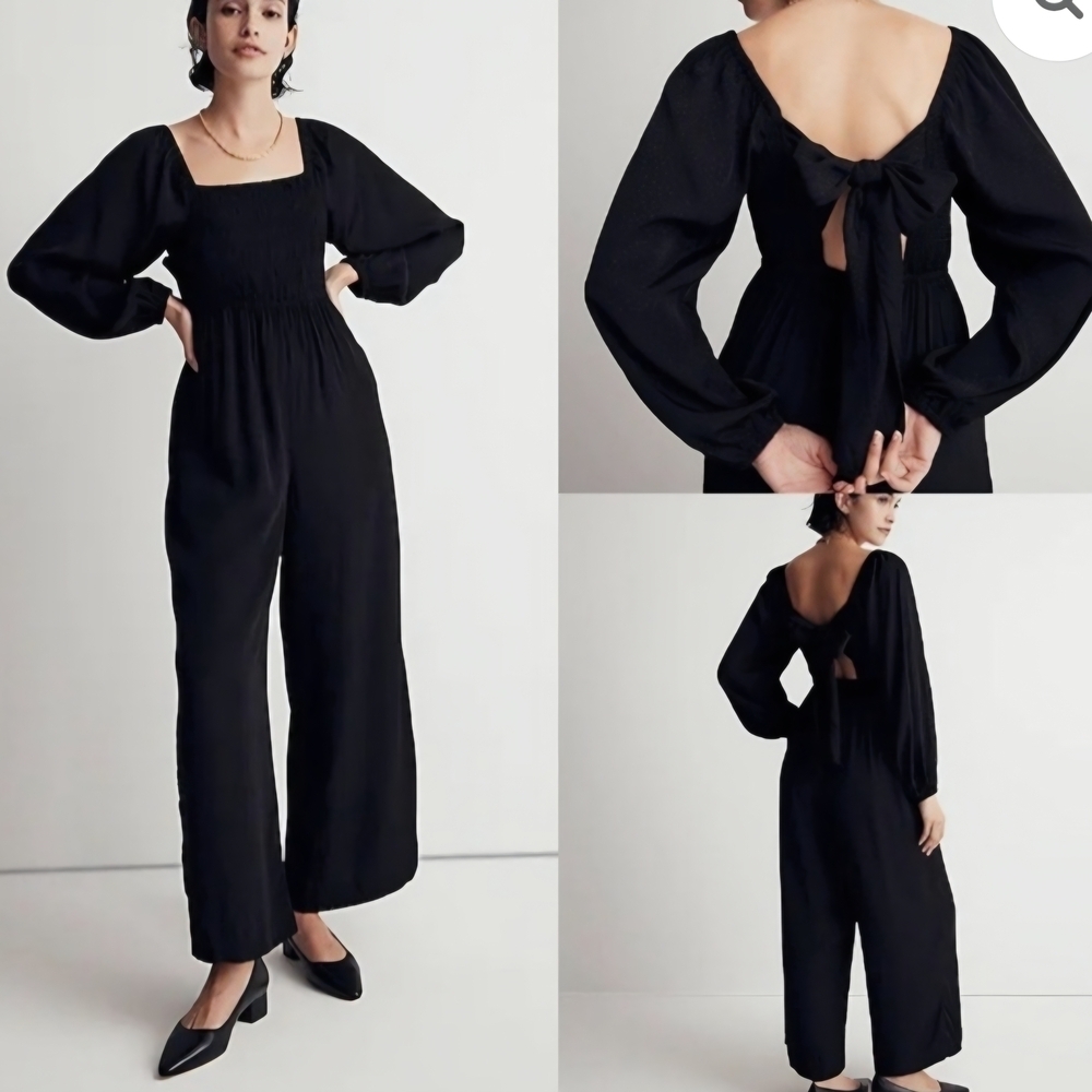 Madewell Black Long-Sleeve Square-Neck Jumpsuit with Back Tie